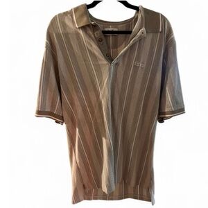 Izod Men's Beige and White Striped Golf Polo Shirt